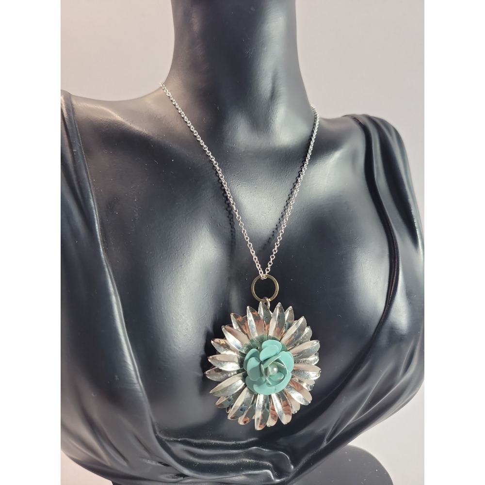 Blue Rose Flower Pendant Necklace Silver Tone Statement Floral Jewelry